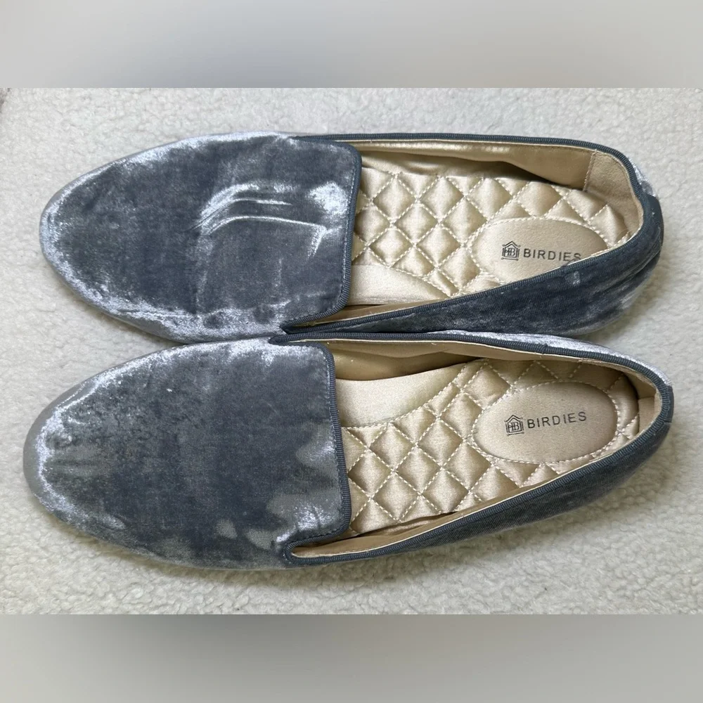 Birdies Starling velvet loafers grey gray silver slip-ons preppy fall winter 9.5